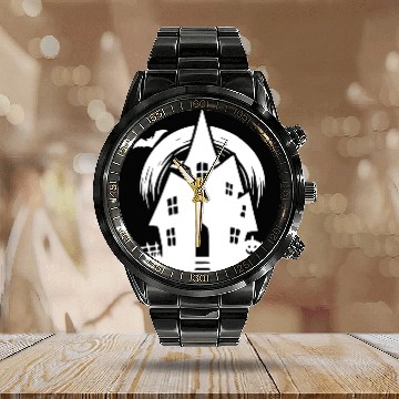 Discover Bat Full Moon Haunted House Halloween Tattoo Calendar Steel Band Watch