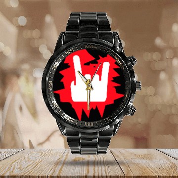 Discover Heavy Metal Fun Hard Rock Music Horns Hand Gesture Calendar Steel Band Watch