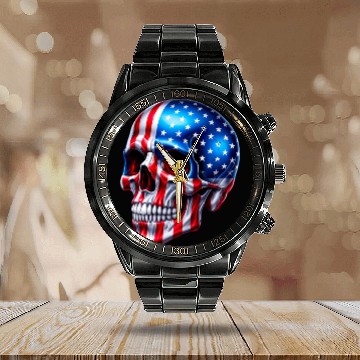 Discover American Flag Skull Calendar Steel Band Watch