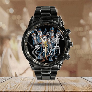 Discover Let's Dance Dancing Skeleton Skull Calendar Steel Band Watch