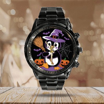 Discover Cute Penguin Halloween Witch with Pumpkins and Calendar Steel Band Watch