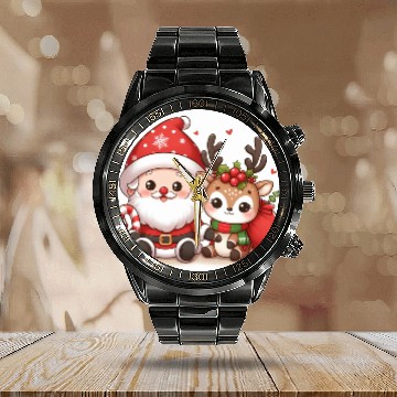 Discover Festive Santa and Reindeer Illustration Calendar Steel Band Watch