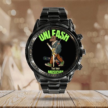 Discover Cartoon dog with a guitar Calendar Steel Band Watch