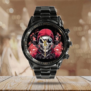 Discover Biker Skull Red Calendar Steel Band Watch