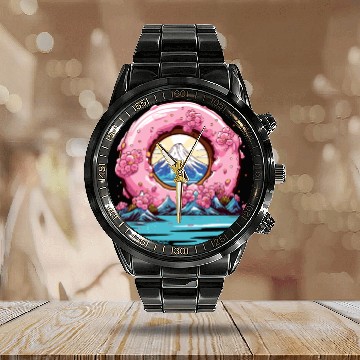 Discover Japan Sakura Blossom Mount Fuji Donut Calendar Steel Band Watch