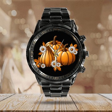 Discover Autumn pumpkins- flowers & leaves in warm colors Calendar Steel Band Watch