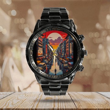 Discover Twilight Reflections in Neon City Calendar Steel Band Watch