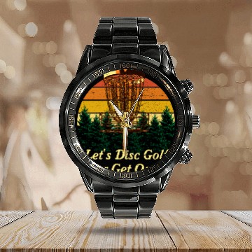 Discover Lets Disc Golf or Get Out Funny Husband and Wife H Calendar Steel Band Watch