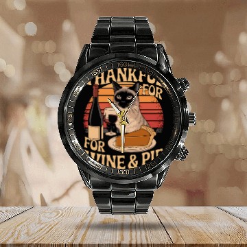 Discover Thanksgiving Wine and Pie Lover - Cute Cat Enjoyin Calendar Steel Band Watch