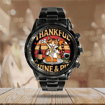 Discover Happy Cat Feasting on Wine and Pie - Thanksgiving Calendar Steel Band Watch