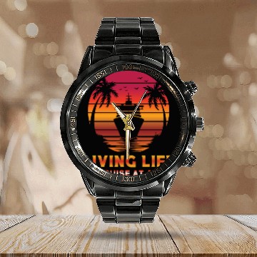 Discover Living Life on Cruise at a Time Retro Tropical Calendar Steel Band Watch