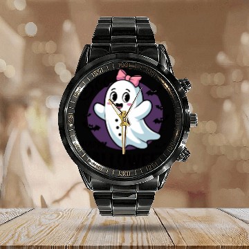 Discover Spooky Cute: Ghost with Bow Calendar Steel Band Watch