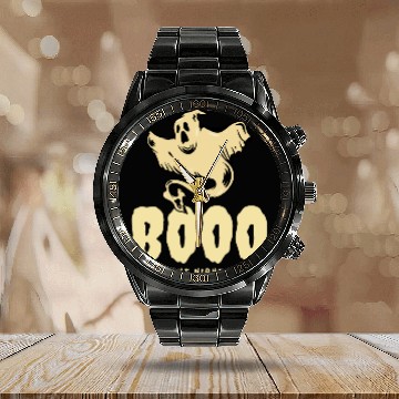 Discover BOOO Fright Night Fun Ghost Halloween Calendar Steel Band Watch