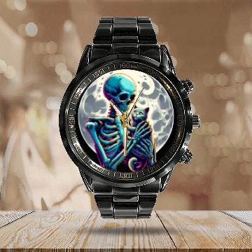 Discover Skeleton Cute Cat Skull Kitty Halloween Calendar Steel Band Watch