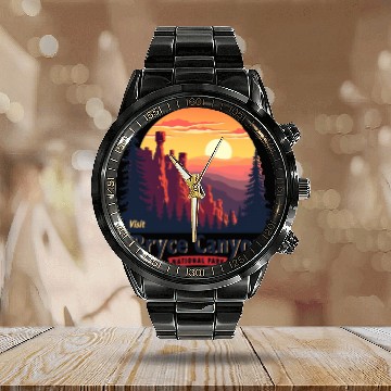 Discover Bryce Canyon National Park Retro Illustraion V 02 Calendar Steel Band Watch