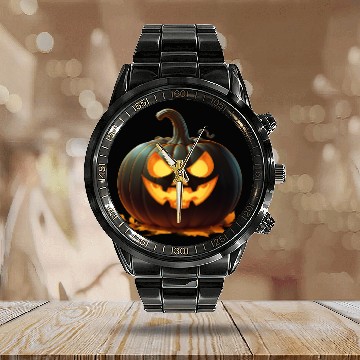 Discover Midnight Glow: Enchanted Halloween Pumpkin Calendar Steel Band Watch