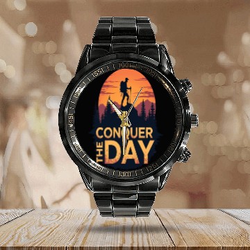 Discover Conquer the Day Hiking Illustration Calendar Steel Band Watch