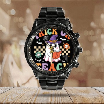 Discover Trick Or Teach Groovy Halloween Retro Floral Ghost Calendar Steel Band Watch