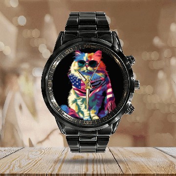 Discover Persian Cat Patriotic US Flag Sunglasses Popart Calendar Steel Band Watch