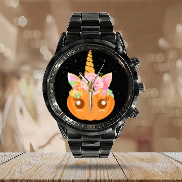 Discover Cute Unicorn Pumpkin: Fall Festivity Delight Calendar Steel Band Watch