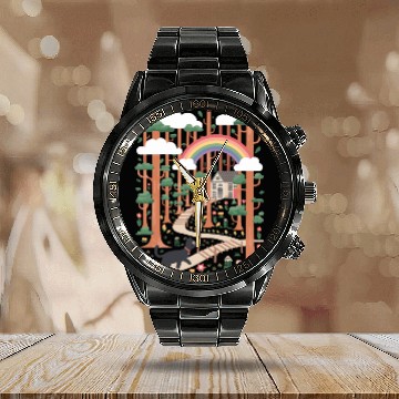 Discover Cottagecore Serene Forest Rainbow Path Calendar Steel Band Watch