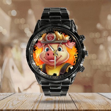 Discover Pig Firefighter Calendar Steel Band Watch