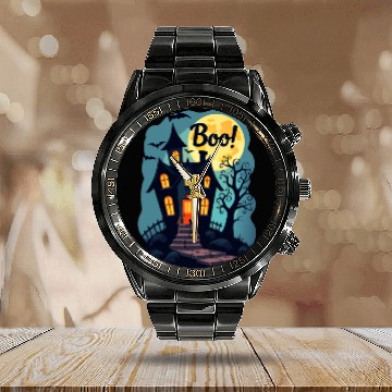 Discover spooky haunted house with a black cat sitting Calendar Steel Band Watch