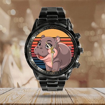 Discover Adorable Moo Deng Hippo Sunset Vibes Calendar Steel Band Watch