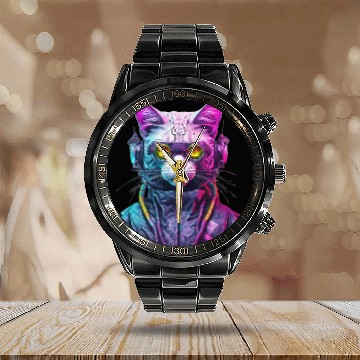 Discover Cyberpunk Cat Warrior Calendar Steel Band Watch
