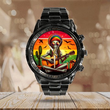 Discover Alien playing Guitar Hippie Calendar Steel Band Watch