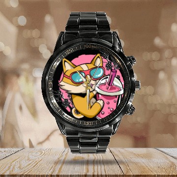 Discover Kitten Kawaii Boba Milk Tea Drinking Cat Calendar Steel Band Watch