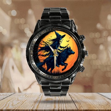 Discover Halloween Witch Riding a Wolf Under Full Moon Calendar Steel Band Watch