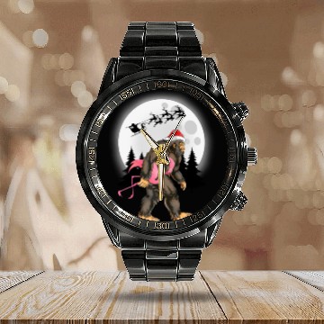 Discover Bigfoot Carrying Flamingo Funny Sasquatch Calendar Steel Band Watch