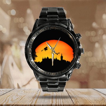 Discover Halloween Creepy Orange Moon Calendar Steel Band Watch