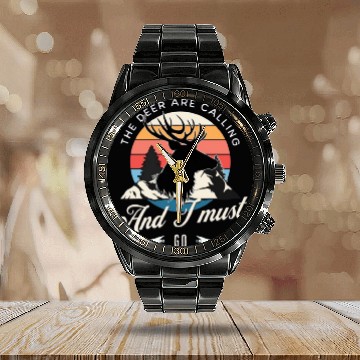 Discover Funny Deer Bow Hunting Season Camping Outdoors Calendar Steel Band Watch