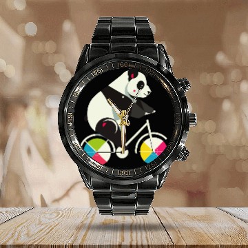 Discover Panda on a bicycle-funny and creative illustration Calendar Steel Band Watch