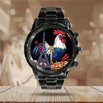 Discover French Pride: Rooster with Eiffel Tower and Pizza Calendar Steel Band Watch
