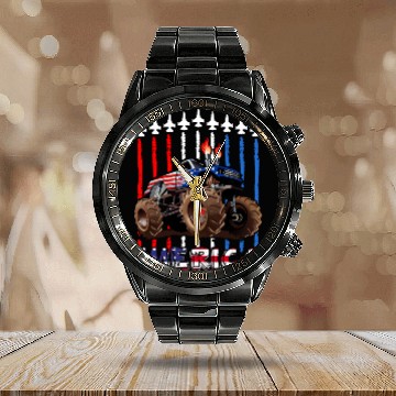 Discover Merica Monster Truck US Flag Calendar Steel Band Watch