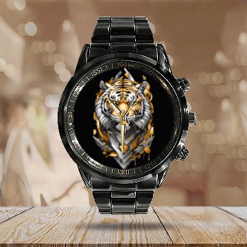 Discover Majestic Tiger Emblem: Gold and Silver Art Calendar Steel Band Watch