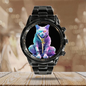 Discover Futuristic Cyberpunk Cat Calendar Steel Band Watch
