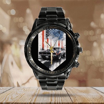 Discover Rev up your patriotism - Muscle car and usa flag Calendar Steel Band Watch