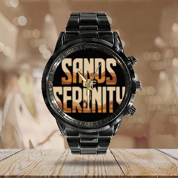 Discover Sands of Serenity – Desert Escape Typography Calendar Steel Band Watch
