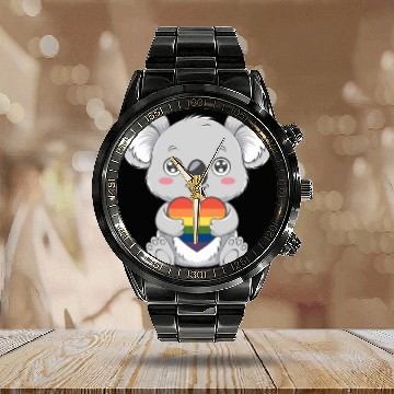 Discover Cute Koala Holding Rainbow Heart LGTBQ Pride Calendar Steel Band Watch