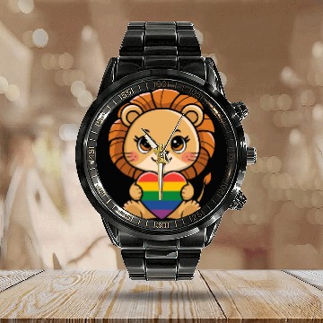 Discover Cute Lion Holding Rainbow Heart LGTBQ Pride Calendar Steel Band Watch