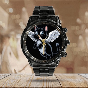 Discover Black Cat with Angel Wings Calendar Steel Band Watch