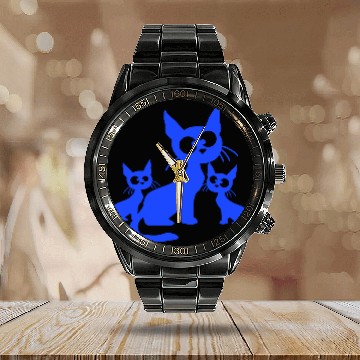 Discover Crazy Cats Family Mom Dad 2 Small Cute Kids Babies Calendar Steel Band Watch