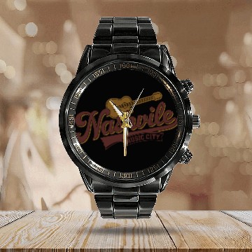 Discover Nashville Music City Logo with Guitar Illustration Calendar Steel Band Watch