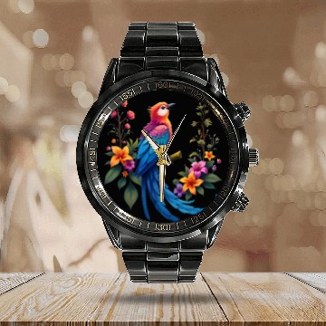 Discover Fantastical Bird Of Paradise Painting Calendar Steel Band Watch
