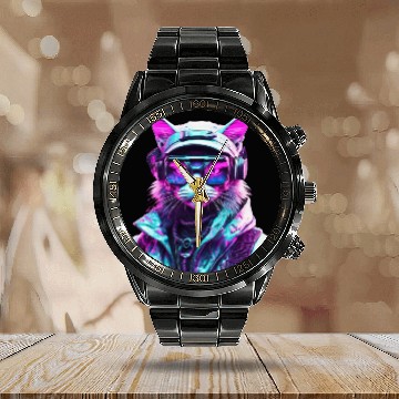 Discover Mystical Cyberpunk Bad Cat Calendar Steel Band Watch