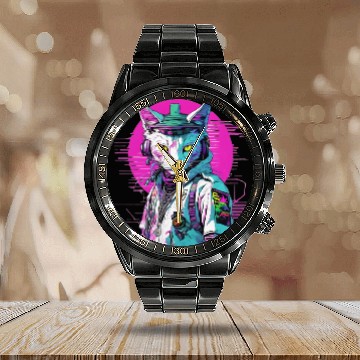 Discover Neon Cyberpunk Warrior Cat Calendar Steel Band Watch